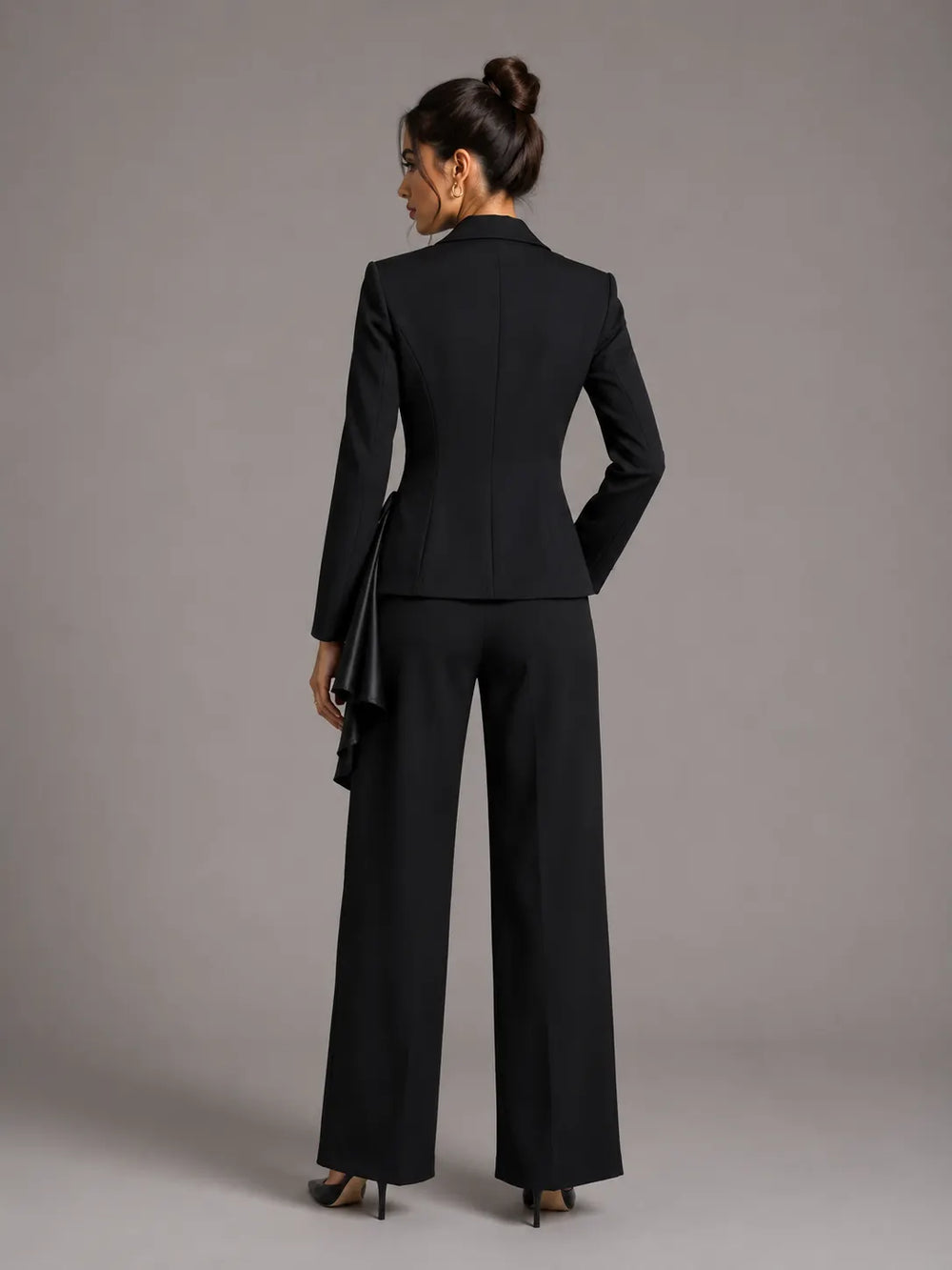 Contrast Satin Bow Rhinestone Trim Fitted Blazer Jacket