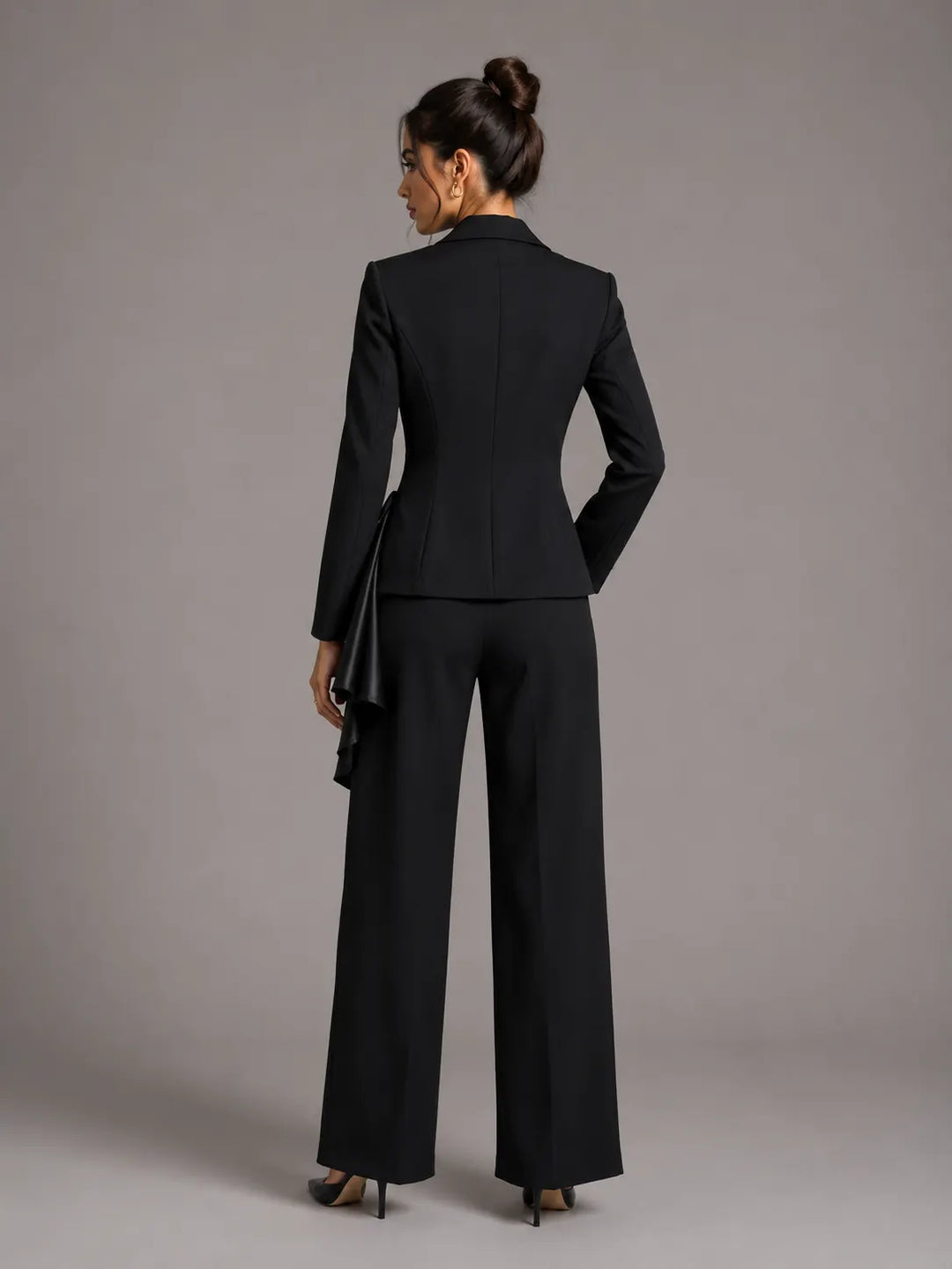 Contrast Satin Bow Rhinestone Trim Fitted Blazer Jacket