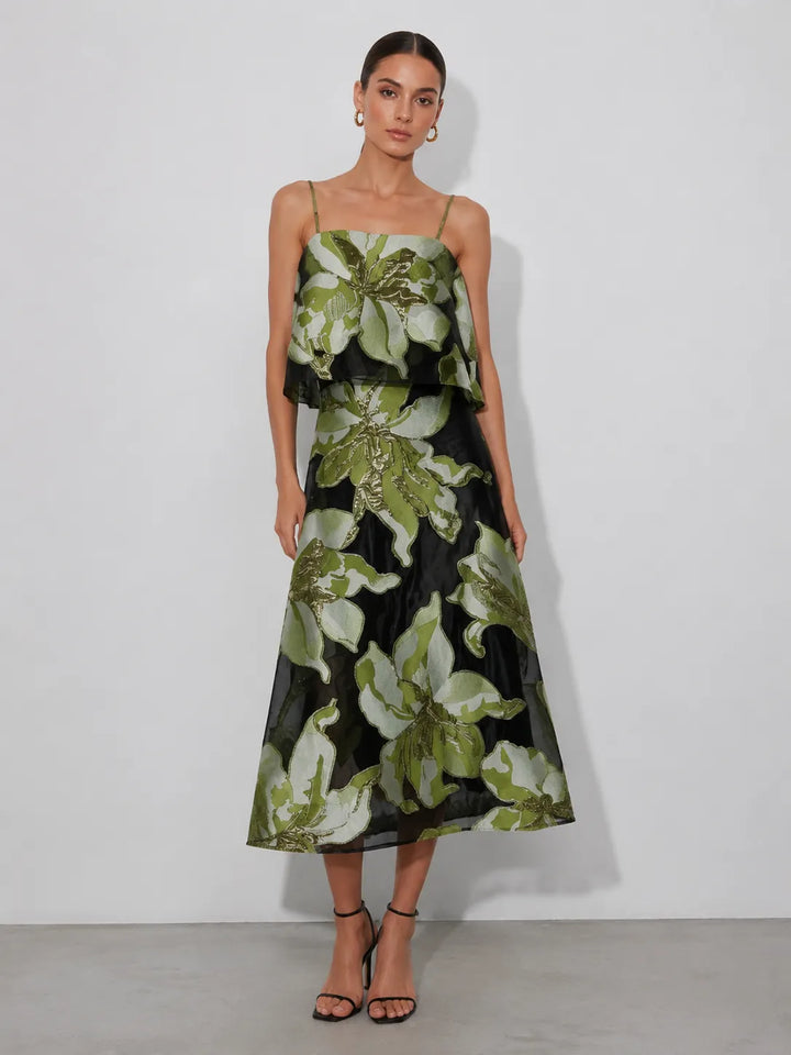 Floral Organza Spaghetti Strap Cropped Top &amp; Midi Skirt Two-Piece Set