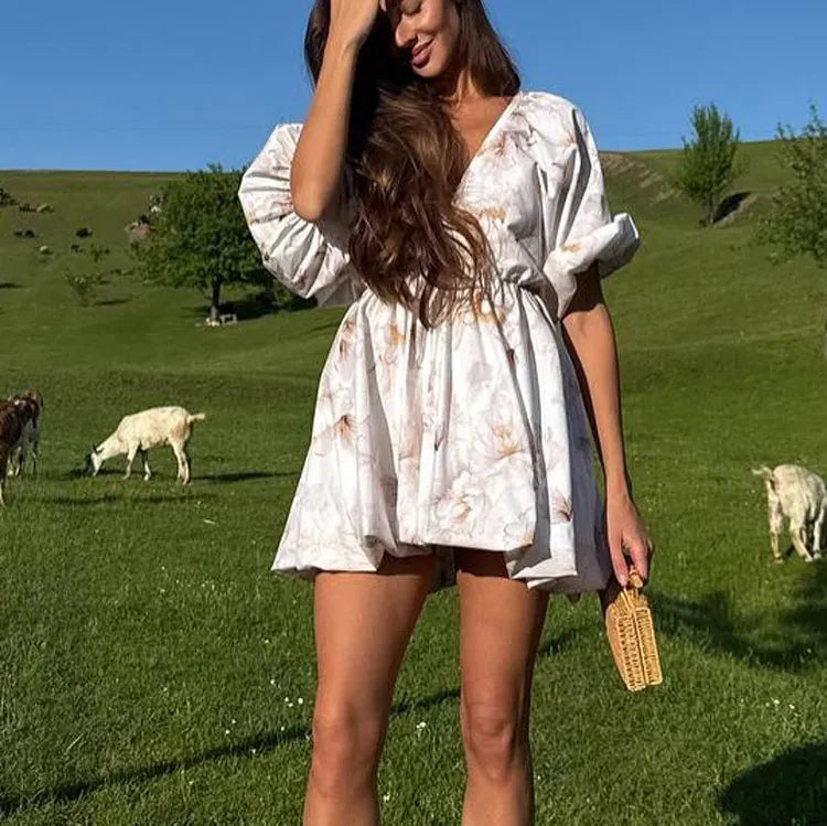 Sexy Open-Back V-Neck Puff-Sleeve Tie-Waist Dress