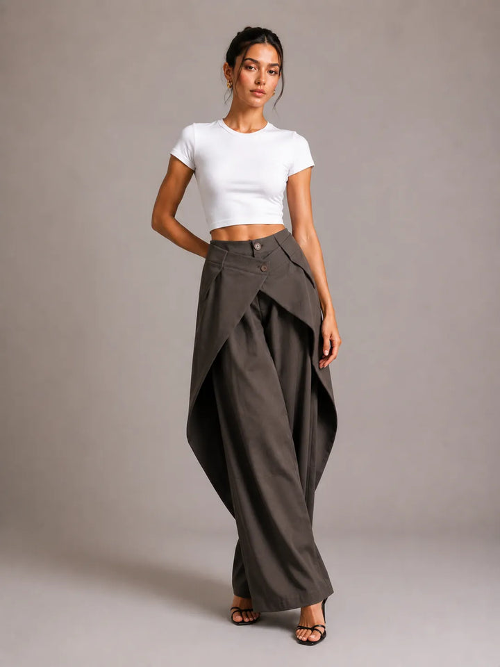 Asymmetric Cross Over Fold Waist Deconstructed Wide Leg Tailored Pants