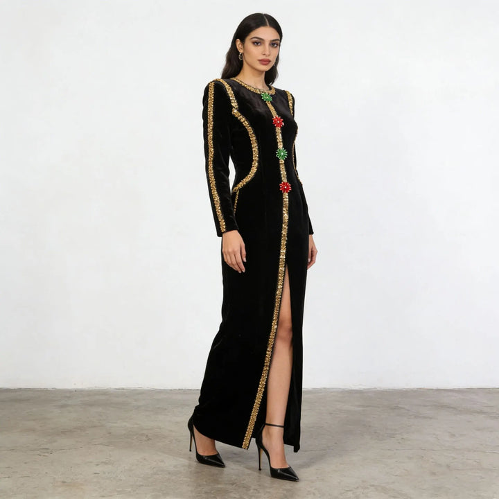 Velvet Gold Rhinestone Trim Long Sleeve Split Maxi Evening Gown