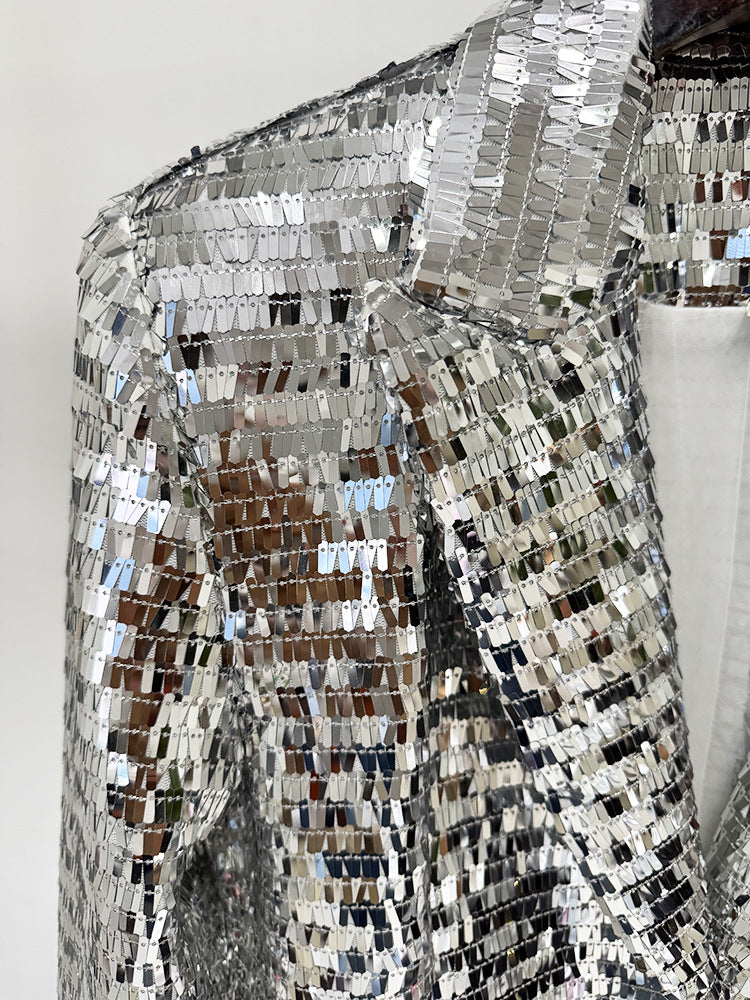 Silver Square Sequin Peak Lapel Blazer &amp; High Waist Full Flare Trousers 2-Piece Party Suit