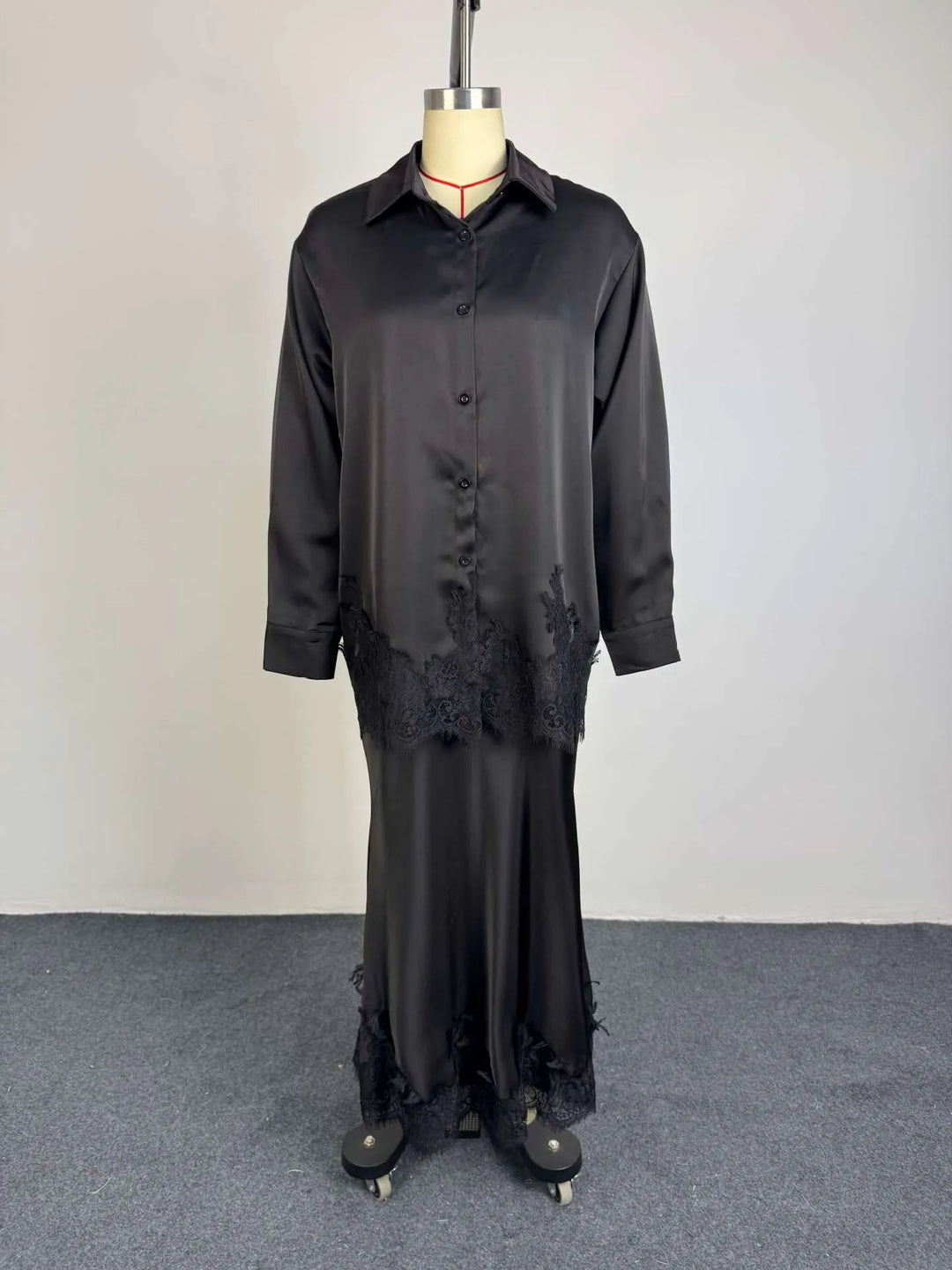 Gloss Satin Collared Lace Hem Shirt &amp; Maxi Skirt 2 Piece Matching Co-ord Set