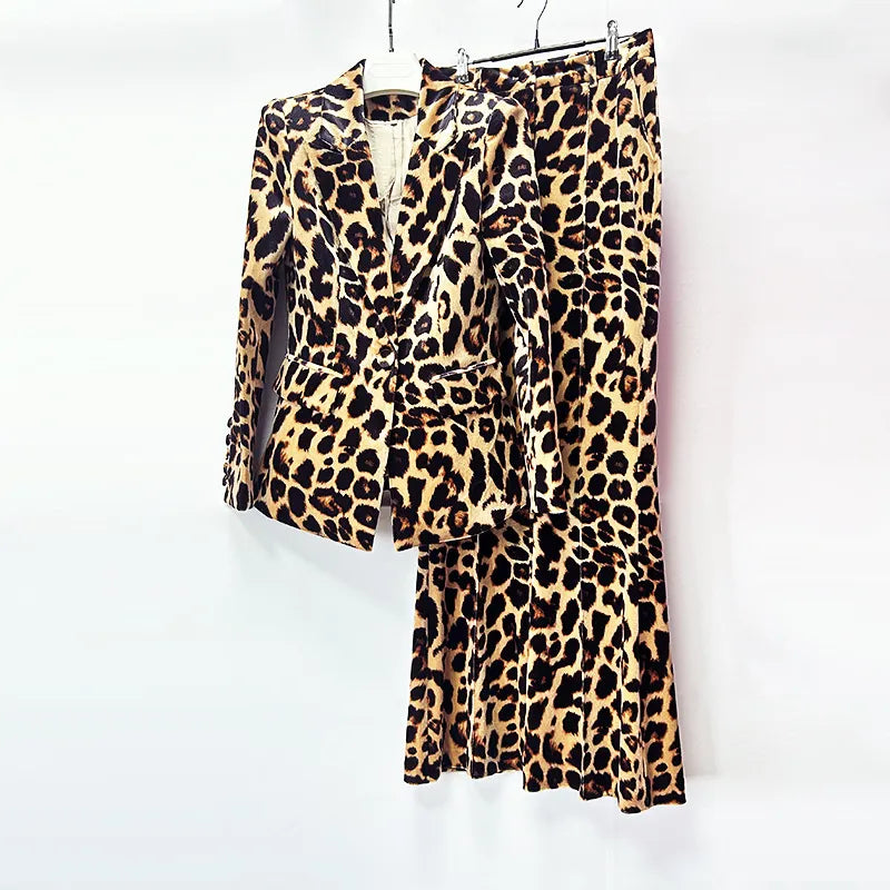 Leopard Print Single Button Blazer &amp; Flared Floor Pants 2-Piece Suit Set