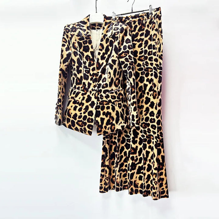 Leopard Print Single Button Blazer &amp; Flared Floor Pants 2-Piece Suit Set
