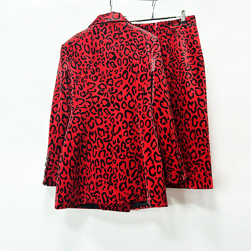 Leopard Print Double Breasted Blazer &amp; Midi Pencil Skirt 2-Piece Suit Set