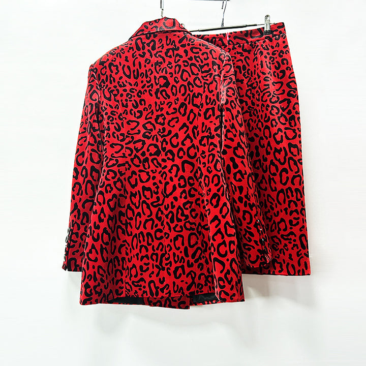 Leopard Print Double Breasted Blazer &amp; Midi Pencil Skirt 2-Piece Suit Set