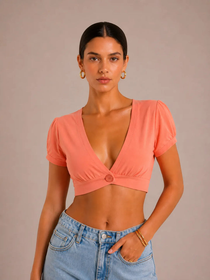 Sexy V-neck Versatile Pleated Button-front Crop Top