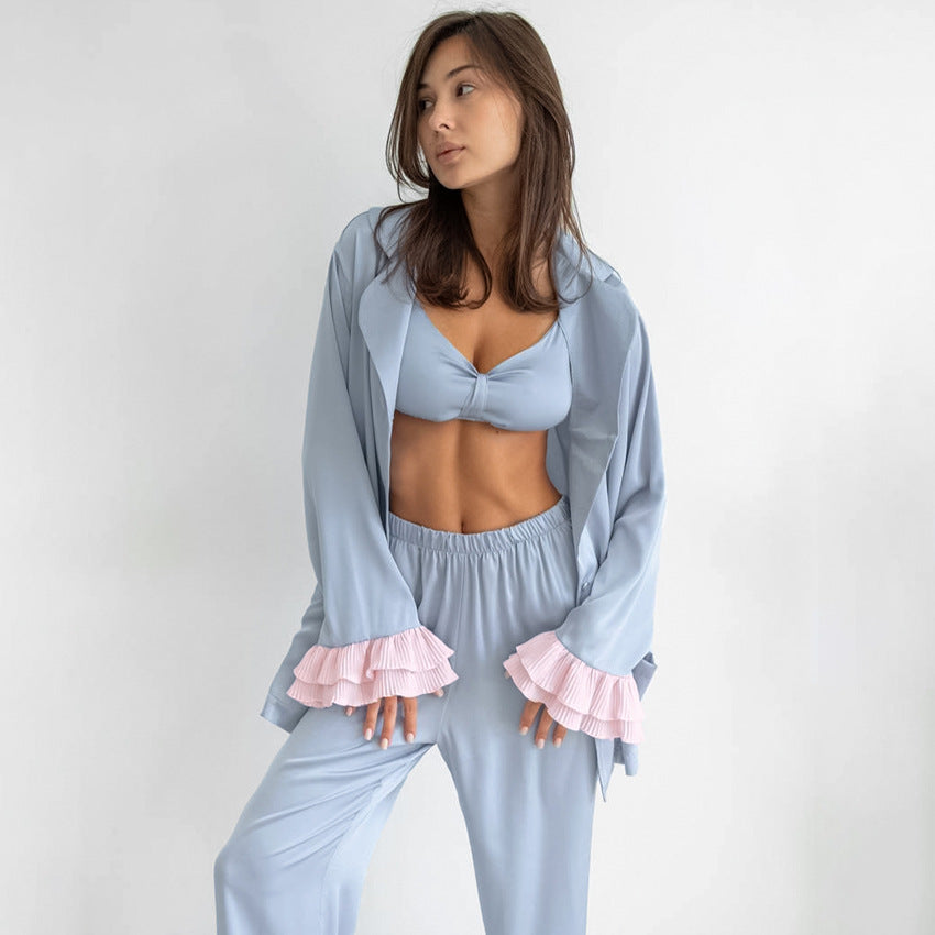 Womens Three-piece Set Featuring A Ruffled Long-sleeve Top And Trousers