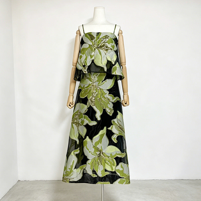 Floral Organza Spaghetti Strap Cropped Top &amp; Midi Skirt Two-Piece Set