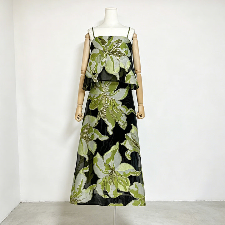 Floral Organza Spaghetti Strap Cropped Top &amp; Midi Skirt Two-Piece Set