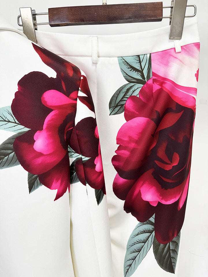 White Large Red Rose Floral Print Single Button Blazer &amp; Wide Leg Pants 2-Piece Suit Set