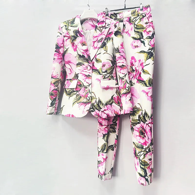 Floral Print Single Button Blazer &amp; Straight Floor Pants 2-Piece Suit Set