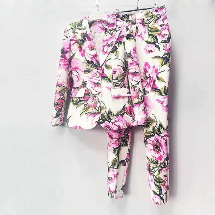 Floral Print Single Button Blazer &amp; Straight Floor Pants 2-Piece Suit Set