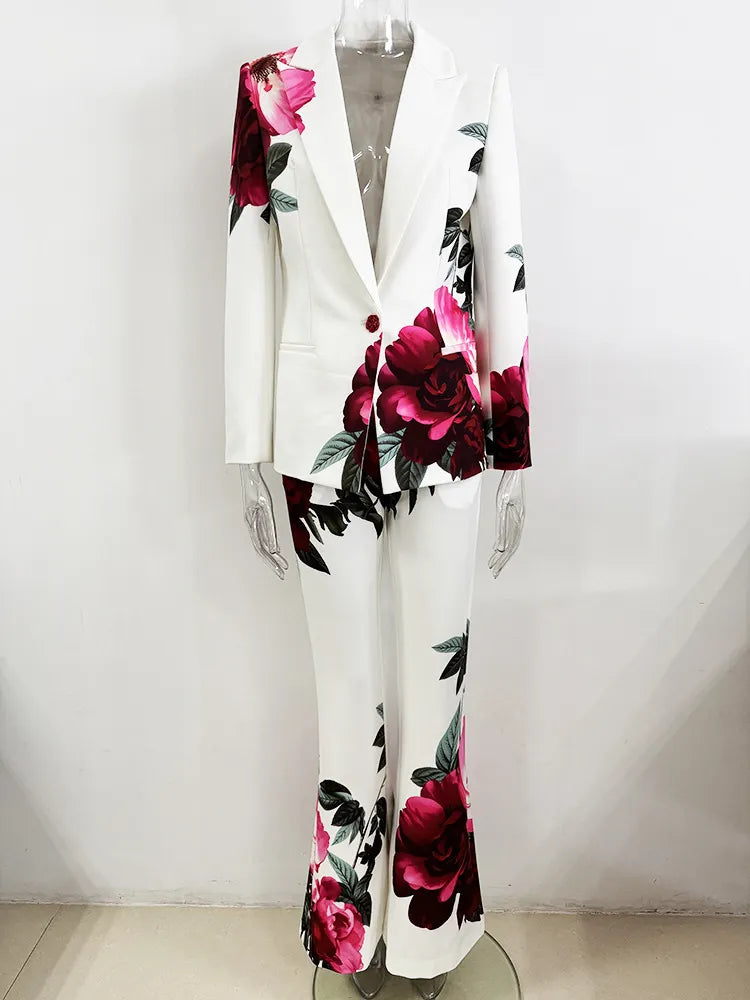 White Large Red Rose Floral Print Single Button Blazer &amp; Wide Leg Pants 2-Piece Suit Set