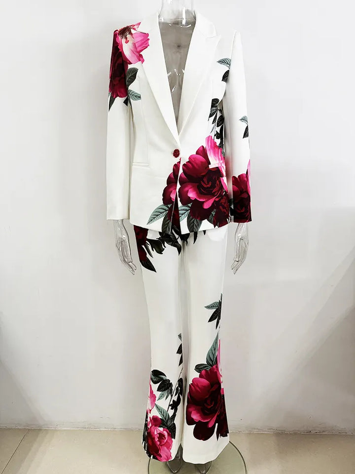 White Large Red Rose Floral Print Single Button Blazer &amp; Wide Leg Pants 2-Piece Suit Set