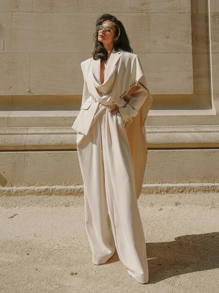 Waterfall Draped Pearl Crystal Bead Trim Asymmetrical Tailored Blazer