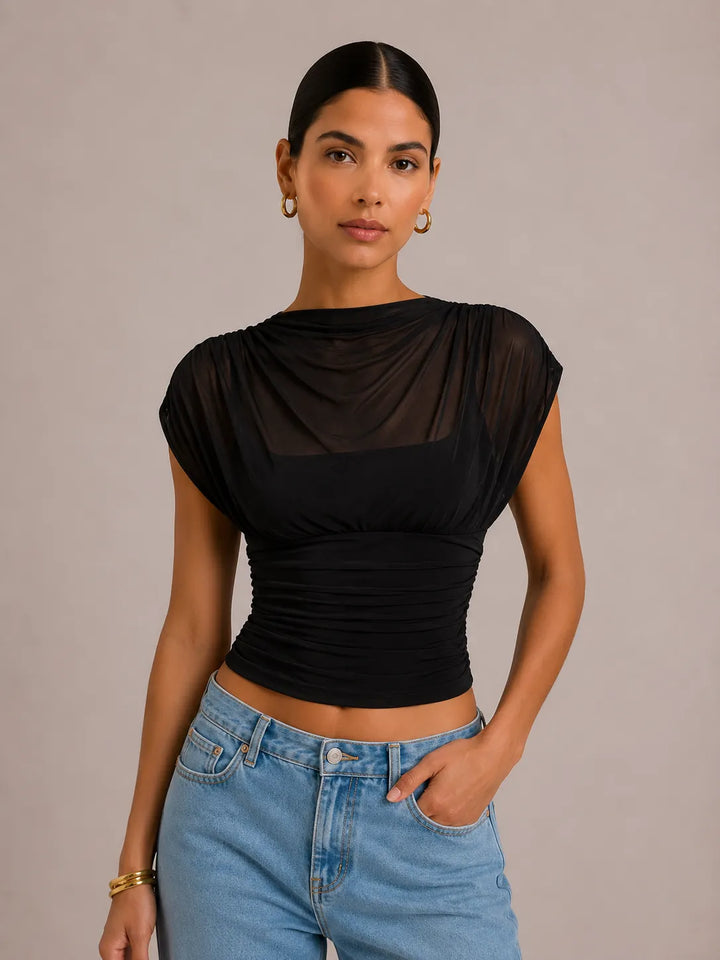 Solid-color Crew-neck Sleeveless Mesh Fitted Top