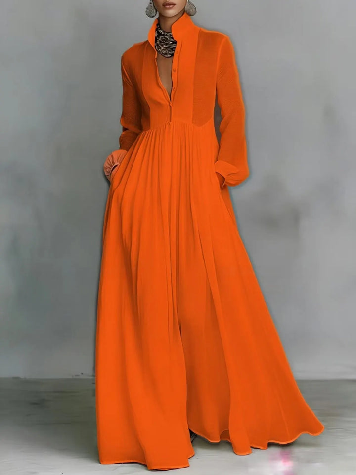 Casual Long-Sleeve Pleated Dress with Cinched Waist