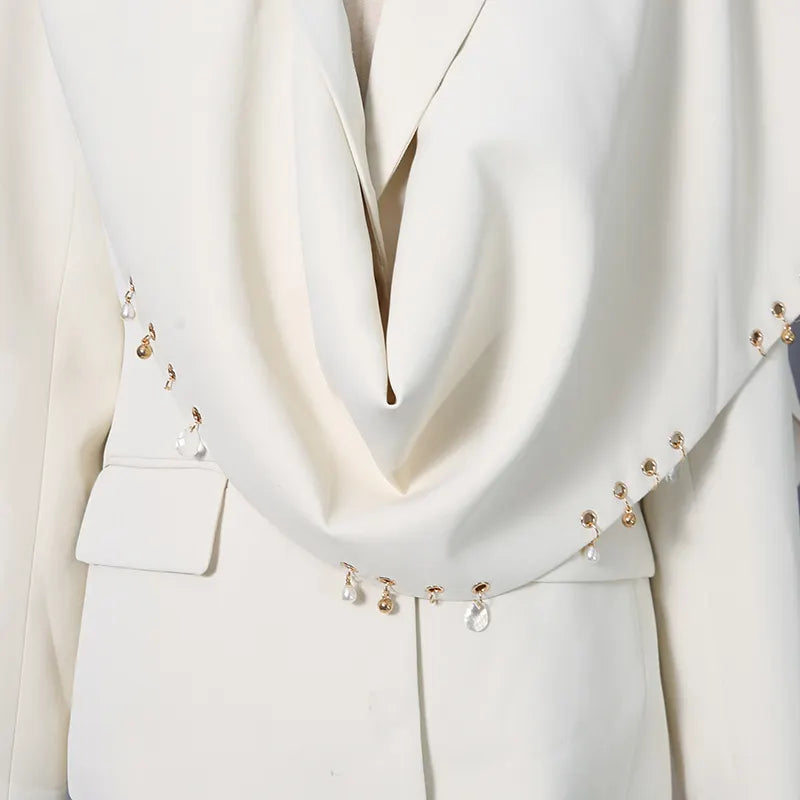 Waterfall Draped Pearl Crystal Bead Trim Asymmetrical Tailored Blazer