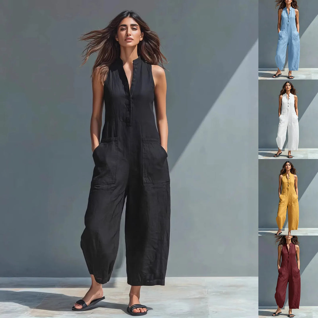 Button-front sleeveless loose-fit jumpsuit with a stand collar