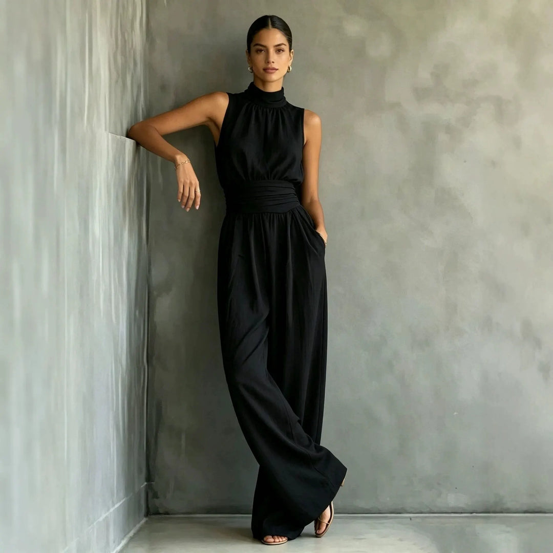 Sleeveless Mock-neck Solid-color Casual Wide-leg Jumpsuit