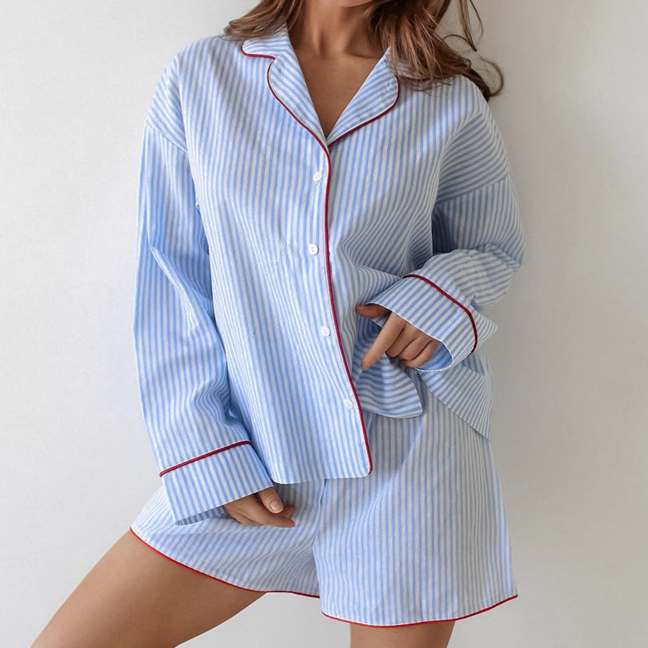 Loose-fitting Cotton Striped Contrast-color Long-sleeve Top And Shorts Pajama Set