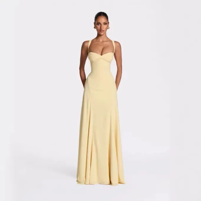 Backless Solid Color Asymmetrical Strap Long Dress