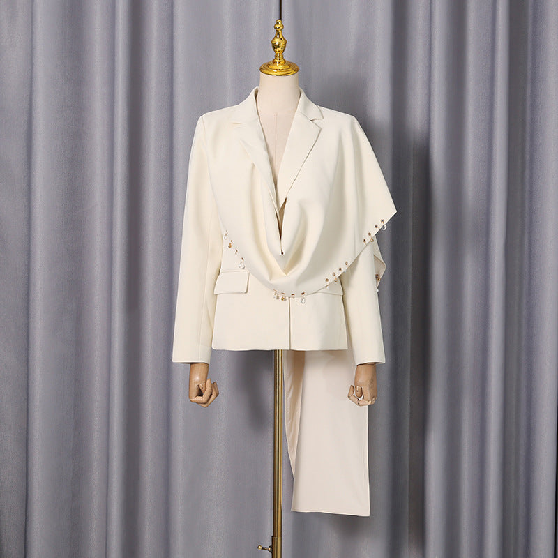 Waterfall Draped Pearl Crystal Bead Trim Asymmetrical Tailored Blazer