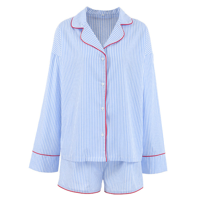 Loose-fitting Cotton Striped Contrast-color Long-sleeve Top And Shorts Pajama Set