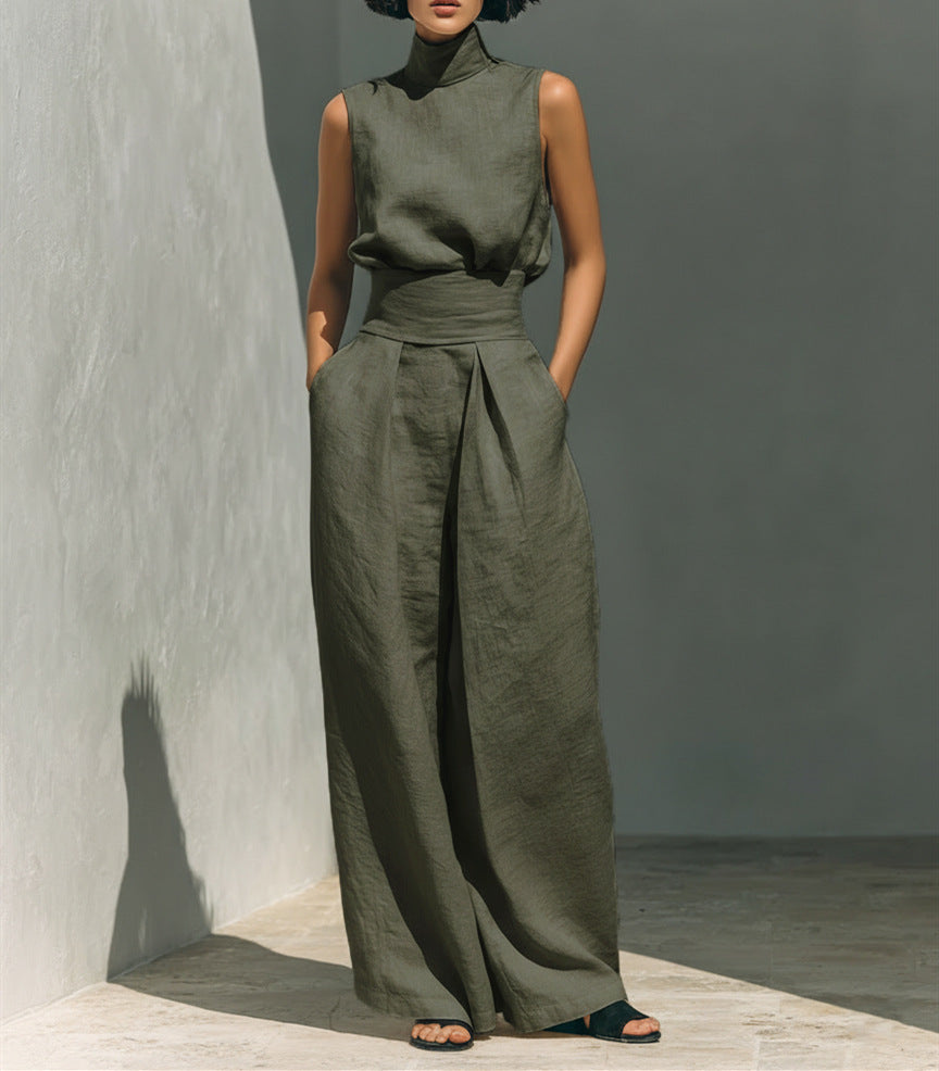 Casual Sleeveless Suit Summer Stand-up Collar Pullover Top And Loose Straight-leg Trousers