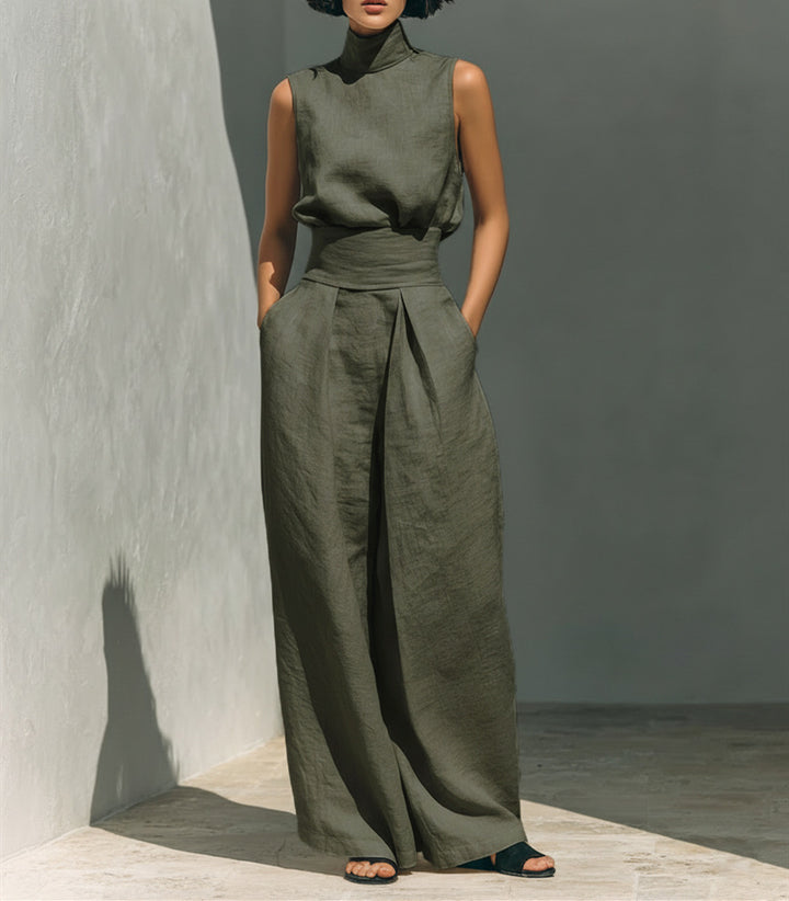 Casual Sleeveless Suit Summer Stand-up Collar Pullover Top And Loose Straight-leg Trousers