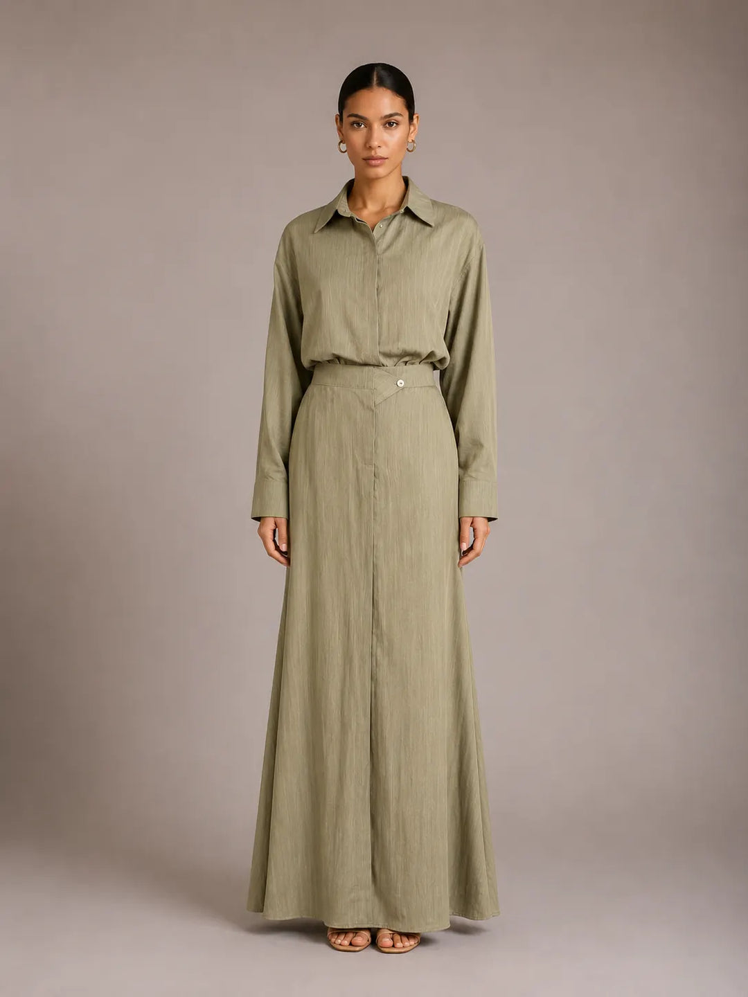 Fashionable Lapel Collar Loose-Fit Long-Sleeve Shirt And High-Waist Skirt Set