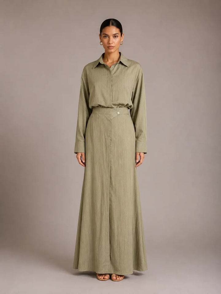 Fashionable Lapel Collar Loose-Fit Long-Sleeve Shirt And High-Waist Skirt Set