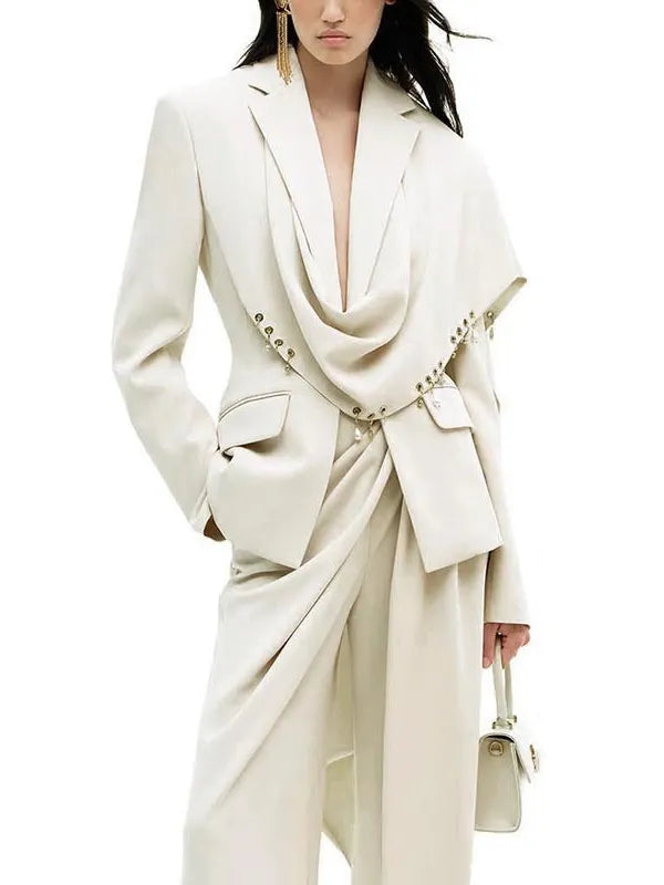 Waterfall Draped Pearl Crystal Bead Trim Asymmetrical Tailored Blazer