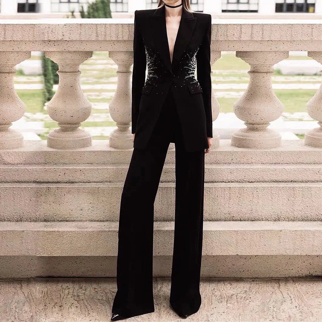 Sparkling Rhinestone Waist Decor Single Button Blazer & High Waist Wide Leg Pants 2-Piece Suit Set