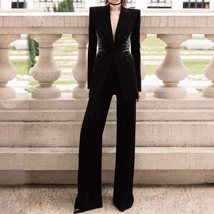 Sparkling Rhinestone Waist Decor Single Button Blazer &amp; High Waist Wide Leg Pants 2-Piece Suit Set