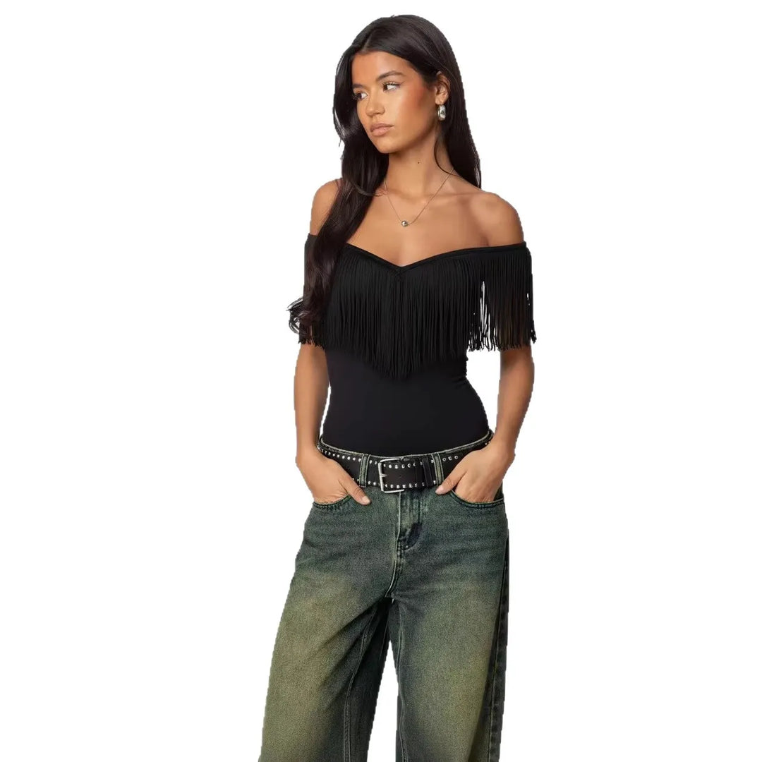 Casual Street-style Tassel Off-shoulder Top With A Unique Vibe