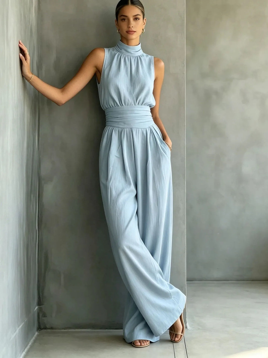 Sleeveless Mock-neck Solid-color Casual Wide-leg Jumpsuit