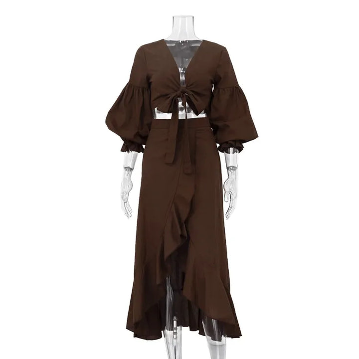 Front Tie Puff Sleeve Crop Top &amp; High Waist Split Ruffle Maxi Skirt 2-Piece Vacation Set