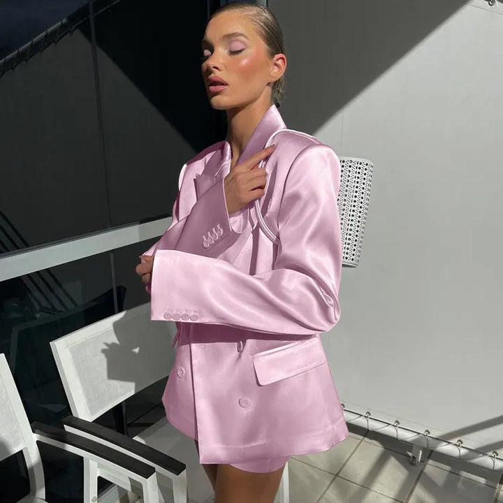 Double Breasted Oversized Blazer &amp; High Waist Mini Skirt 2-Piece Suit