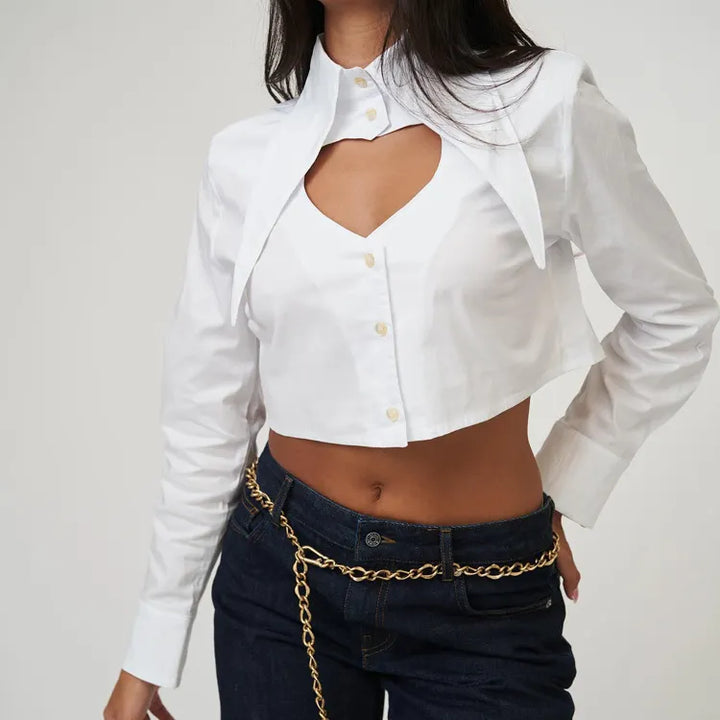 Pointed Collar Heart Cutout Long Sleeve Crop Shirt