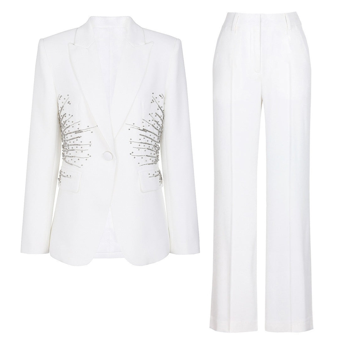 Sparkling Rhinestone Waist Decor Single Button Blazer &amp; High Waist Wide Leg Pants 2-Piece Suit Set