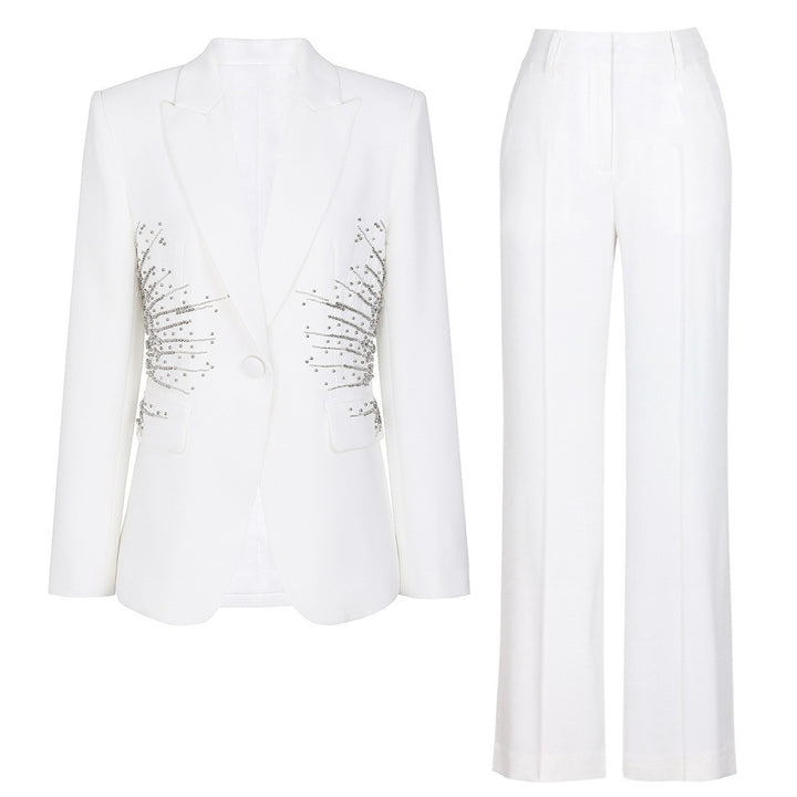 Sparkling Rhinestone Waist Decor Single Button Blazer &amp; High Waist Wide Leg Pants 2-Piece Suit Set