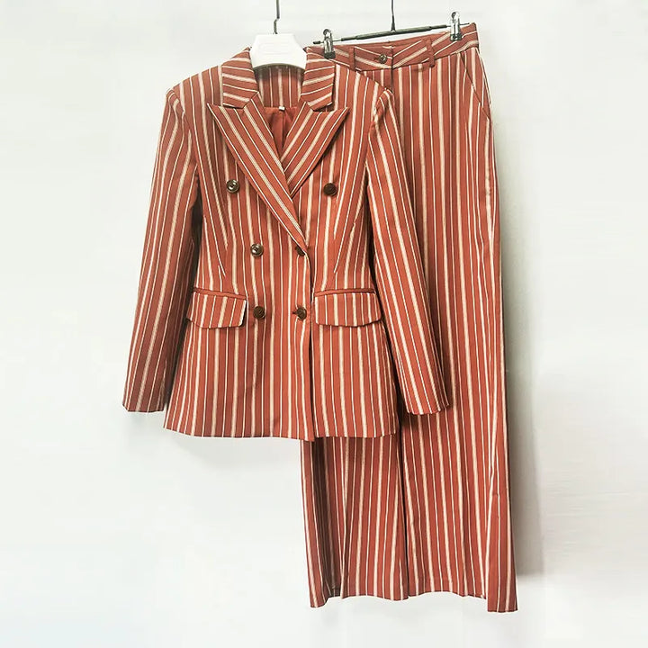 Erracotta White Vertical Stripe Double Breasted Blazer &amp; Wide Leg Floor Pants 2-Piece Suit Set
