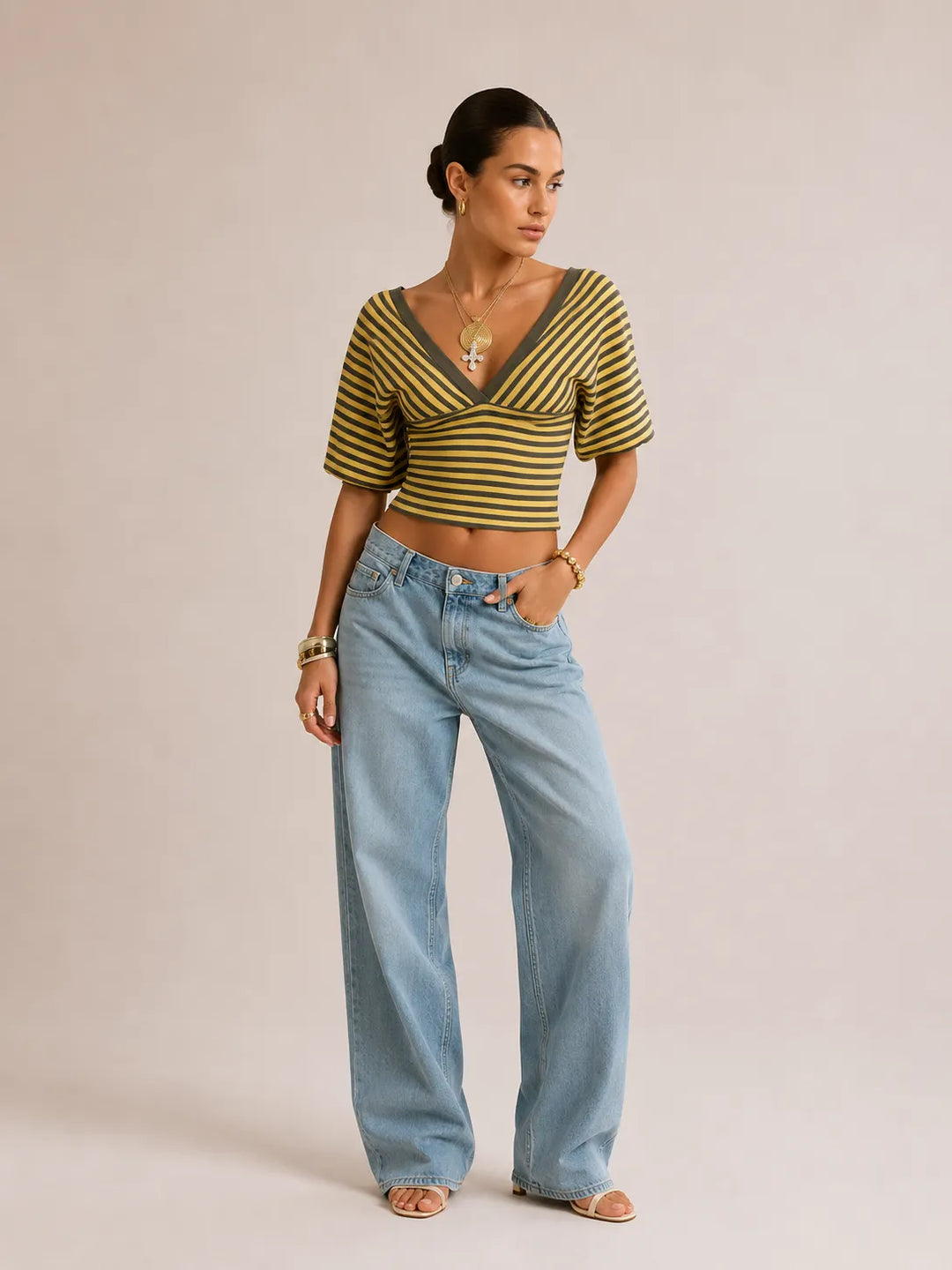 Cinched-waist Striped Print Trendy Off-shoulder Top