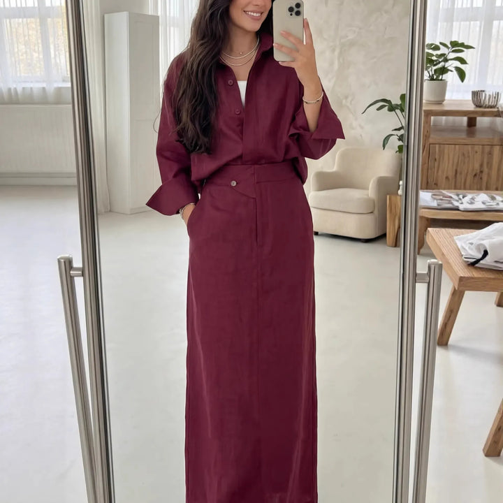 Fashionable Lapel Collar Loose-Fit Long-Sleeve Shirt And High-Waist Skirt Set