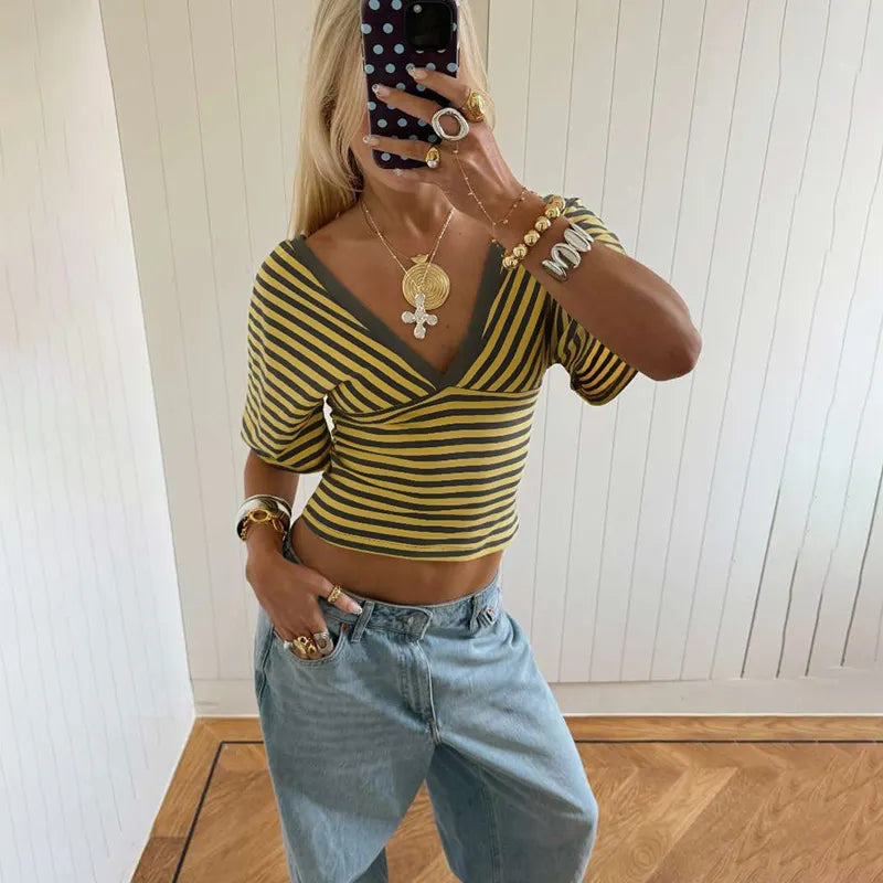 Cinched-waist Striped Print Trendy Off-shoulder Top