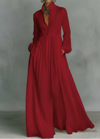 Casual Long-Sleeve Pleated Dress with Cinched Waist